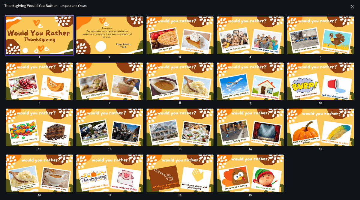 Shapegrams (@shapegrams) on Twitter photo Would you rather discuss these "Would You Rather Thanksgiving" slides with your students or have a dull class? 😉 Thanks for making them <a href="/preimers/">Peggy Reimers</a>!
canva.com/design/DAFRYbX… Would you rather discuss these "Would You Rather Thanksgiving" slides with your students or have a dull class? 😉 Thanks for making them <a href="/preimers/">Peggy Reimers</a>!
canva.com/design/DAFRYbX…