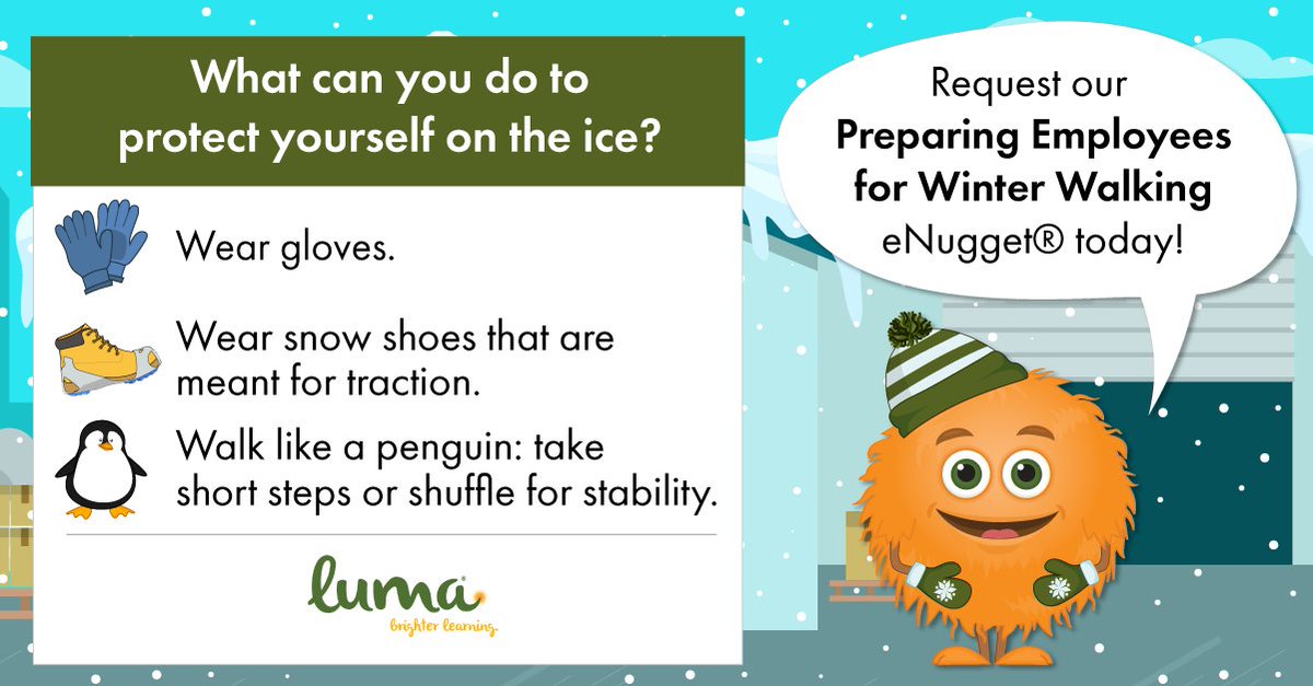 learnwithluma's tweet photo. Ensure your employees have appropriate footwear for safely walking in snow and on ice. Check out these tips, and request our Preparing Employees for Winter Walking eNugget® by emailing nugget@learnwithluma.com.
#icecleats #WinterWalking #learningdonebetter https://t.co/XIUuJUZ7RA