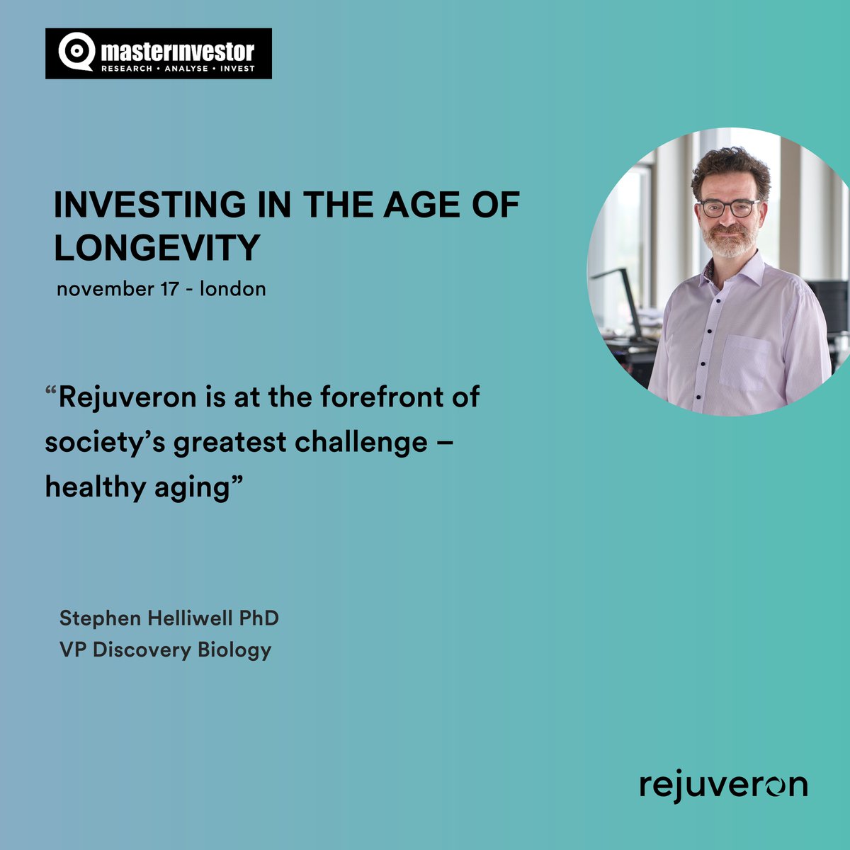 Join @mitomedicineman at @masterinvestor's “Investing in the age of #longevity” on Thursday, November 17 in London. Discover how @rejuveron_life combines knowledge of #aging biology pathways with chronic disease mechanisms to prolong #healthspan. events.masterinvestor.co.uk/events/investi…