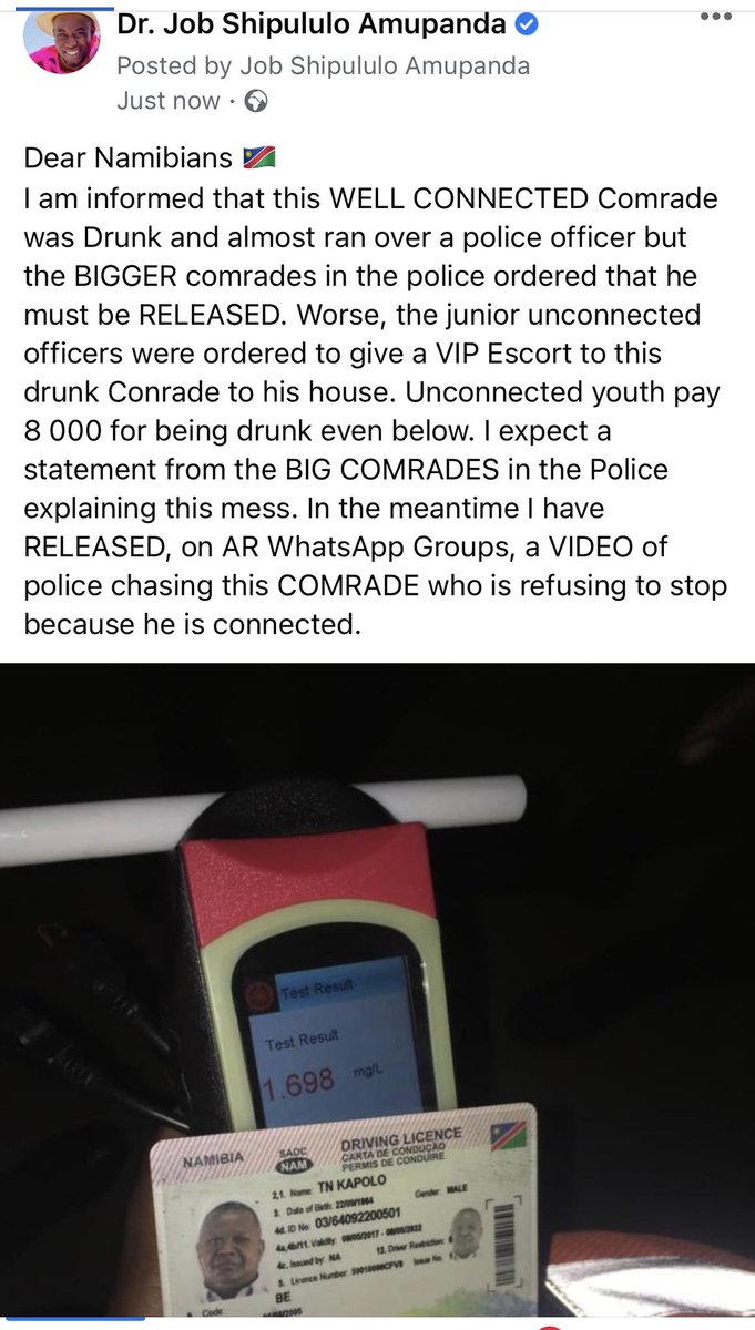 THIS WELL CONNECTED Comrade was Drunk and almost ran over a police officer but the BIGGER comrades in the police ordered that he must be RELEASED.  As you can see, the CONNECTED KOMUREIDI has an Expired License but he was given a VIP Police Escort to his house! A Corrupt Country!