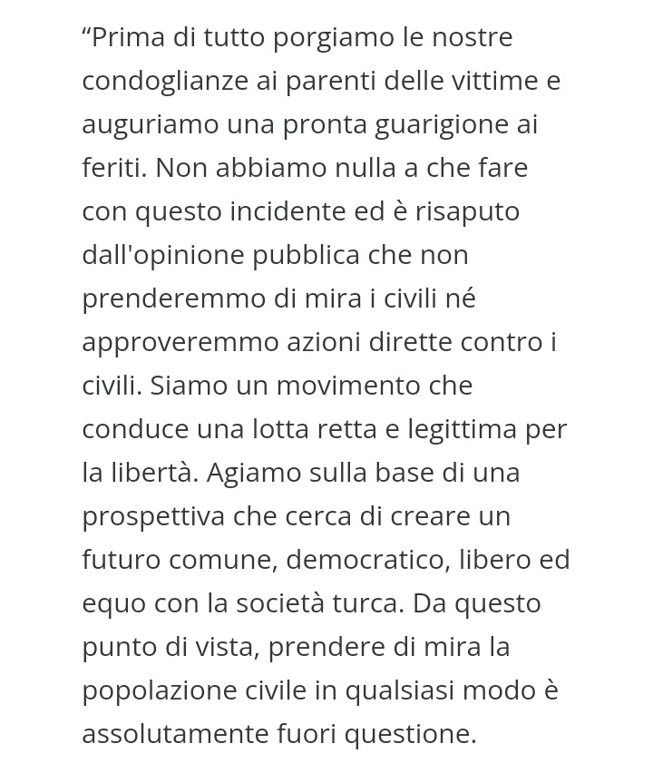 Il #PKK ha rilasciato una dichiarazione (reperibile in inglese su ANFNEWS)  in cui dichiara la propria estraneità all'attacco di #İstanbul, porge le condoglianze ai parenti delle vittime e mette in guardia l'opinione pubblica dalle manovre di guerra del governo turco.