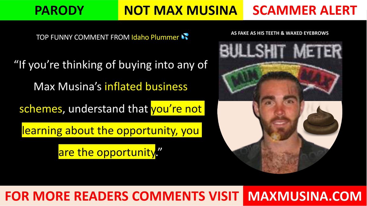 max_musina's tweet photo. Massimiliano Musina PARODY. Top comment from https://t.co/VEigOFNZAn "understand that you're not learning about the #opportunity, you are the opportunity"#mapgroup #maxmusina #imdb #Satire #NFT #parody #crypto #triumphmovie #HODL #PuertoRico #clubhousemedia https://t.co/9jICqImaVW