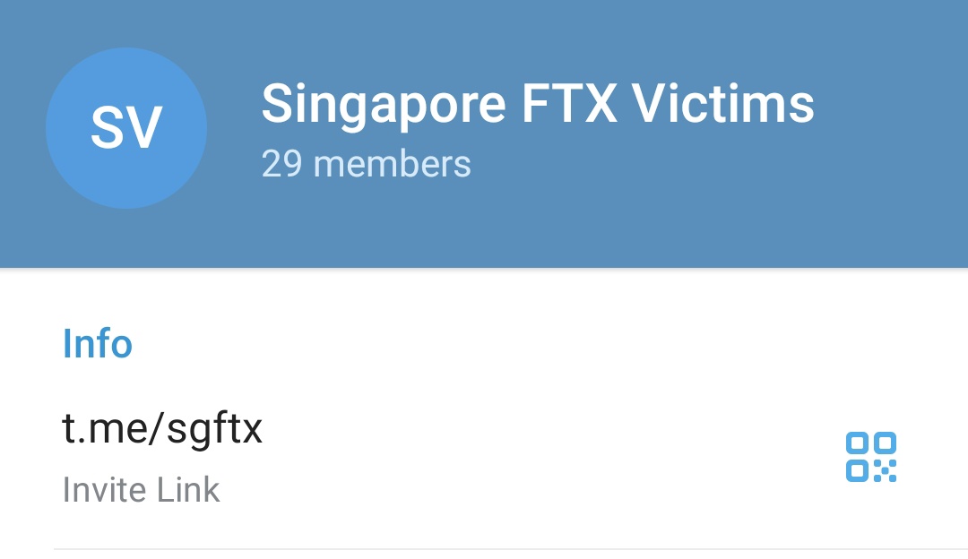 Reaching out to Singapore FTX victims for strength and solutions. Join the telegram group below.  
#Singapore 
#singaporean 
#Singaporeans 
#cryptocurrencies 
#FTX 
#FTXScam 
#FTXCRASH 
#FTXhack 
#SBF_FTX 
#SBFFTX