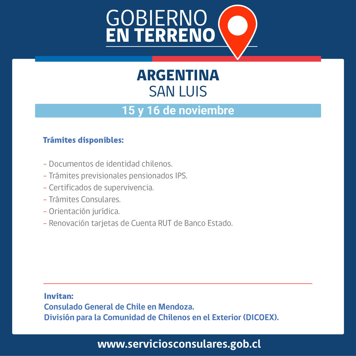 dicoex's tweet photo. ¡RECUERDA! Si eres chileno y vives en #SanLuis  🇦🇷, este 15 y 16 de nov.  podrás realizar tus trámites con funcionarios de @RegCivil_Chile @IPSChile @cajmetrooficial @BancoEstado en #GobiernoEnTerreno

Revisa toda la información ▶️ https://t.co/GVVDDsJwdK https://t.co/iGo5q8dytk