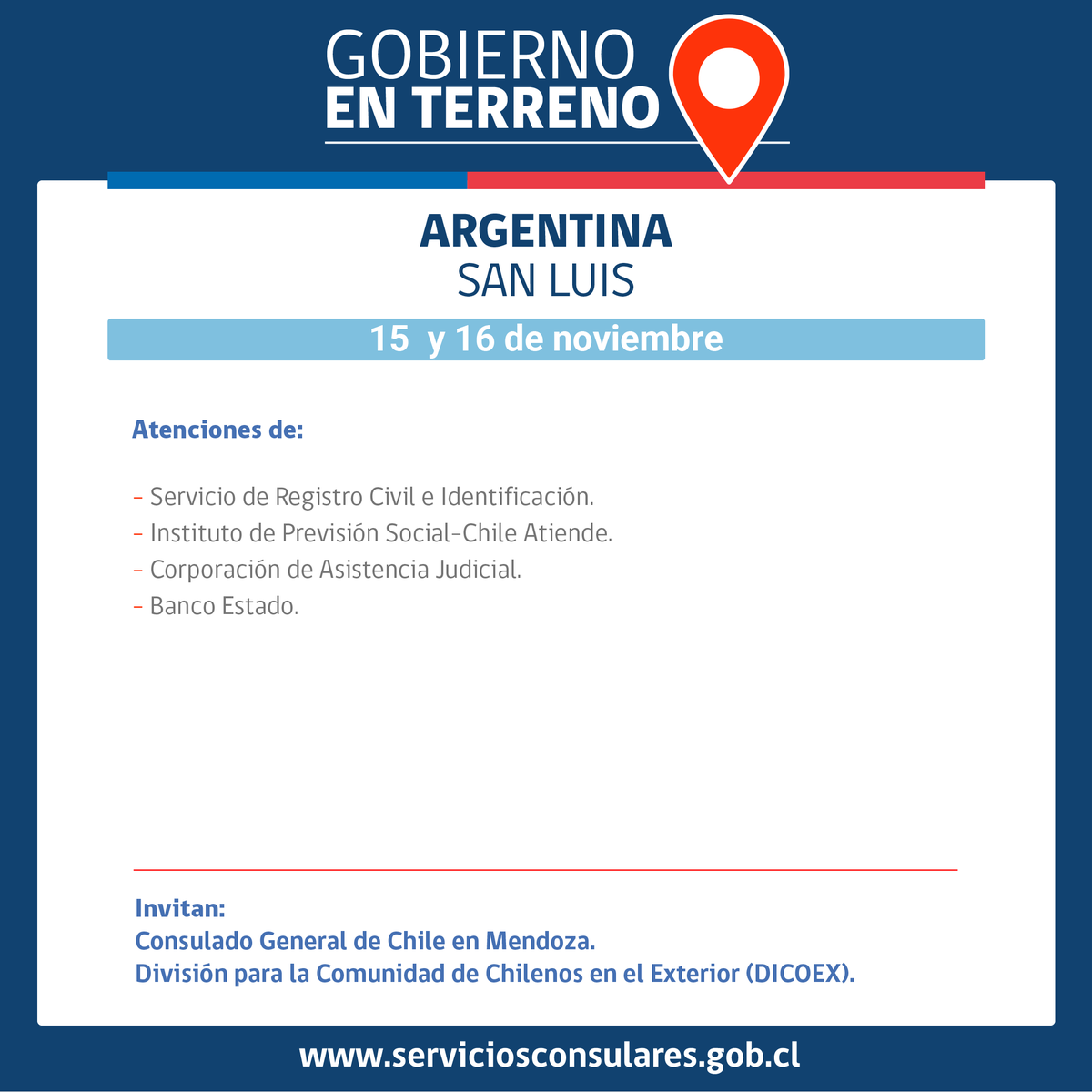 dicoex's tweet photo. ¡RECUERDA! Si eres chileno y vives en #SanLuis  🇦🇷, este 15 y 16 de nov.  podrás realizar tus trámites con funcionarios de @RegCivil_Chile @IPSChile @cajmetrooficial @BancoEstado en #GobiernoEnTerreno

Revisa toda la información ▶️ https://t.co/GVVDDsJwdK https://t.co/iGo5q8dytk