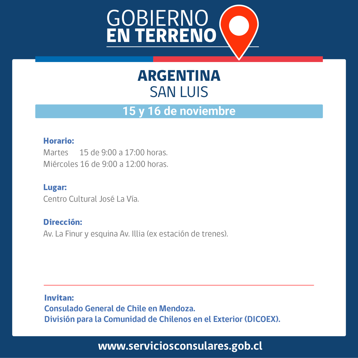 dicoex's tweet photo. ¡RECUERDA! Si eres chileno y vives en #SanLuis  🇦🇷, este 15 y 16 de nov.  podrás realizar tus trámites con funcionarios de @RegCivil_Chile @IPSChile @cajmetrooficial @BancoEstado en #GobiernoEnTerreno

Revisa toda la información ▶️ https://t.co/GVVDDsJwdK https://t.co/iGo5q8dytk