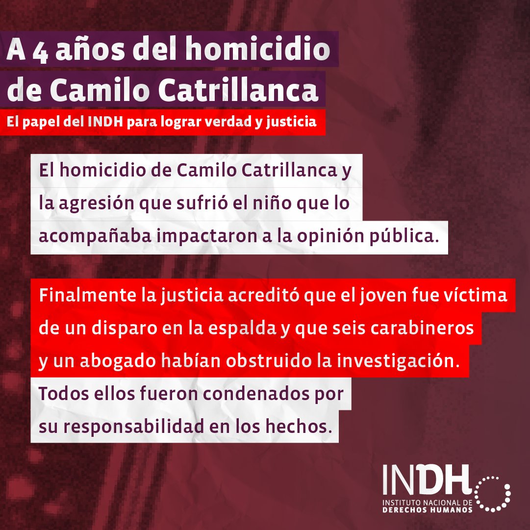inddhh's tweet image. Hoy se conmemora el cuarto aniversario de la muerte del joven comunero mapuche Camilo Catrillanca, asesinado por un funcionario de Carabineros, cuyo crimen fue encubierto por otros policías, quienes además atacaron al adolescente que lo acompañaba quien entonces tenía 15 años.