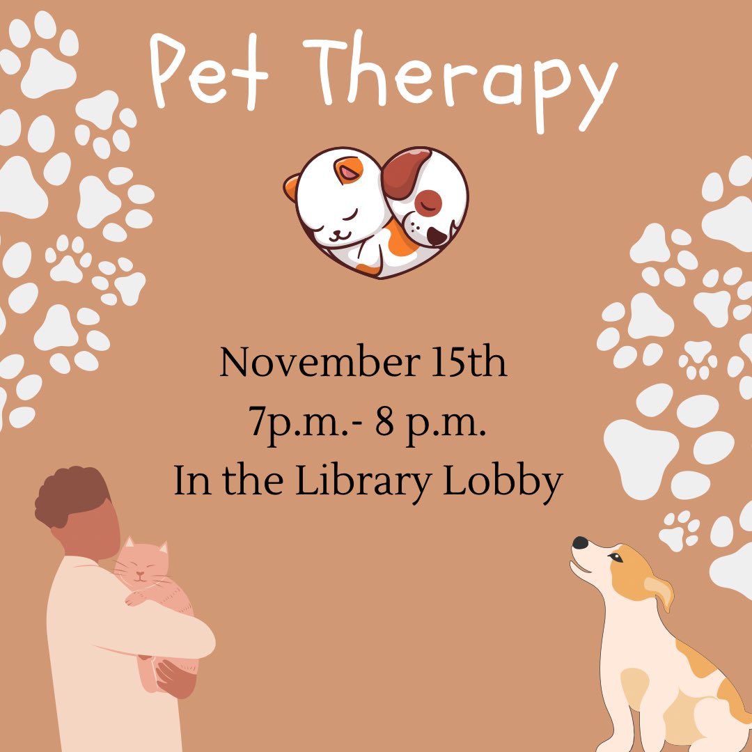 MUlibrary's tweet image. Pet therapy will be available in the library lobby this Tuesday November 15th, 7-8pm!  🐶