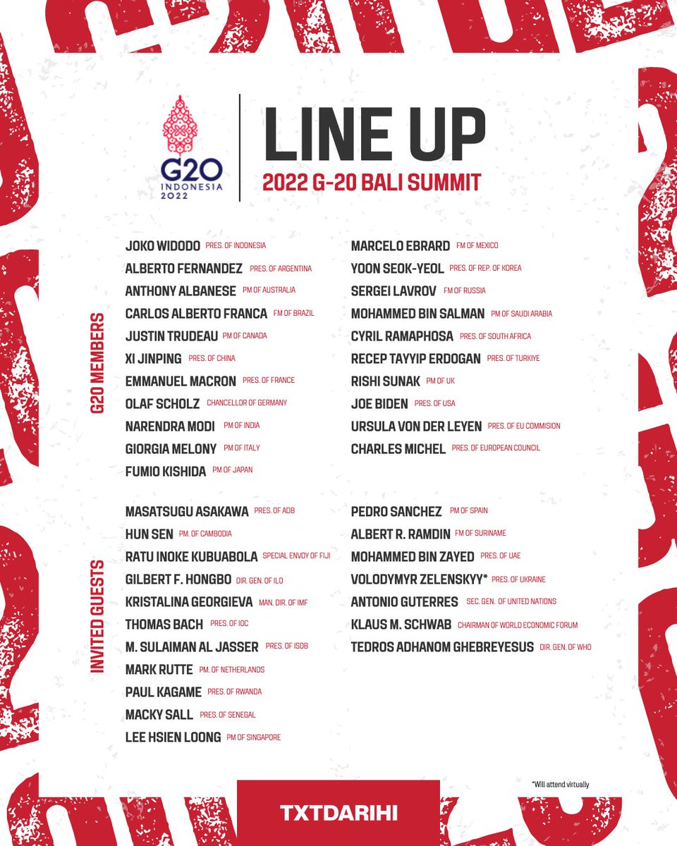 TxtdariHI's tweet image. INI DIA🚨

Line up tamu undangan untuk KTT G-20 besok dan lusa. 

Ada nama yang lu tau?