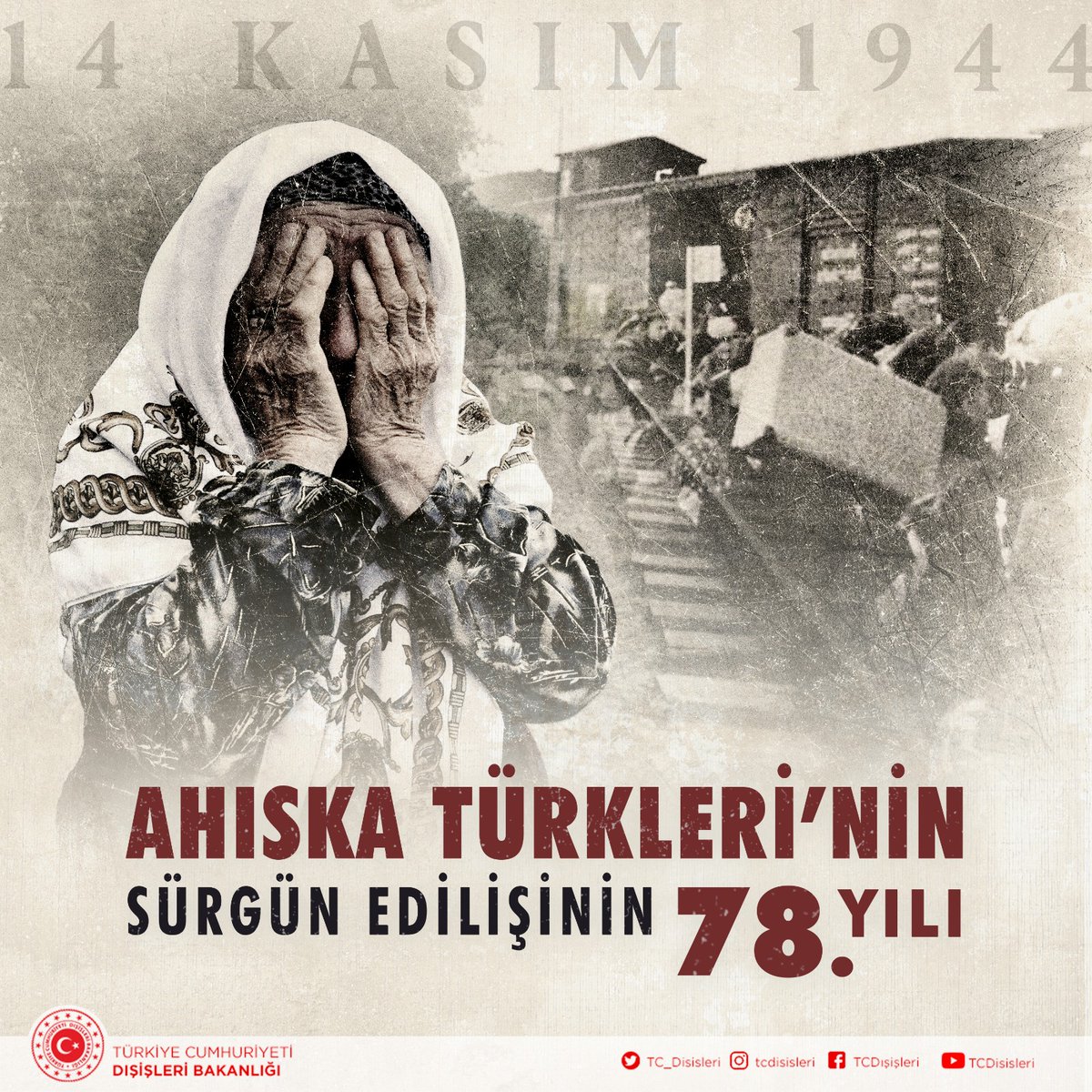 14 Kasım 1944 günü insanlık dışı bir şekilde, yurtlarından sürülen binlerce Ahıska Türkü'nün acısını bir kez daha paylaşıyor, bu büyük zulümde hayatlarını kaybeden soydaşlarımıza Allah'tan rahmet diliyoruz.