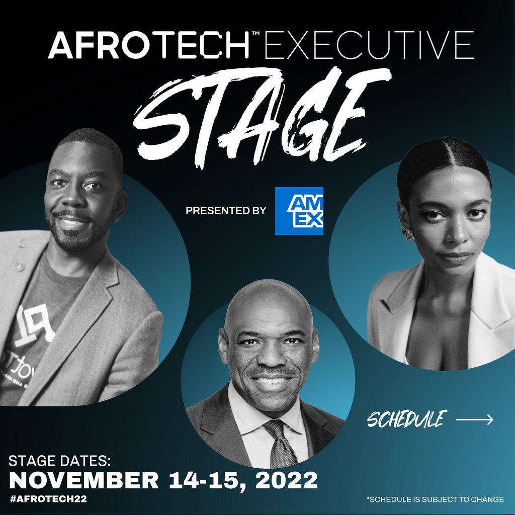 AfroTech's tweet photo. A full day of panels and fire chats at the AFROTECH Executive Stage presented by @americanexpress. Add must-see sessions to your calendar from the official AFROTECH app available on Android and iOS. Use #AFROTECH22 to engage with attendees all week. https://t.co/5syWxl5dyZ