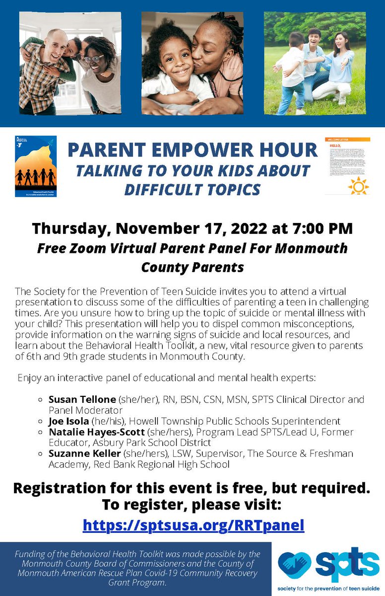 Joseph Isola (@josephisola) on Twitter photo Join me and the <a href="/SPTSUSA/">Society for the Prevention of Teen Suicide</a> for a FREE "Parent Empower Hour: Talking to Your Kids About Difficult Topics" taking place on Thursday, November 17th at 7PM via Zoom. #HTPSWellness #BeYouBeWell
Registrer here:
sptsusa.org/RRTpanel Join me and the <a href="/SPTSUSA/">Society for the Prevention of Teen Suicide</a> for a FREE "Parent Empower Hour: Talking to Your Kids About Difficult Topics" taking place on Thursday, November 17th at 7PM via Zoom. #HTPSWellness #BeYouBeWell
Registrer here:
sptsusa.org/RRTpanel