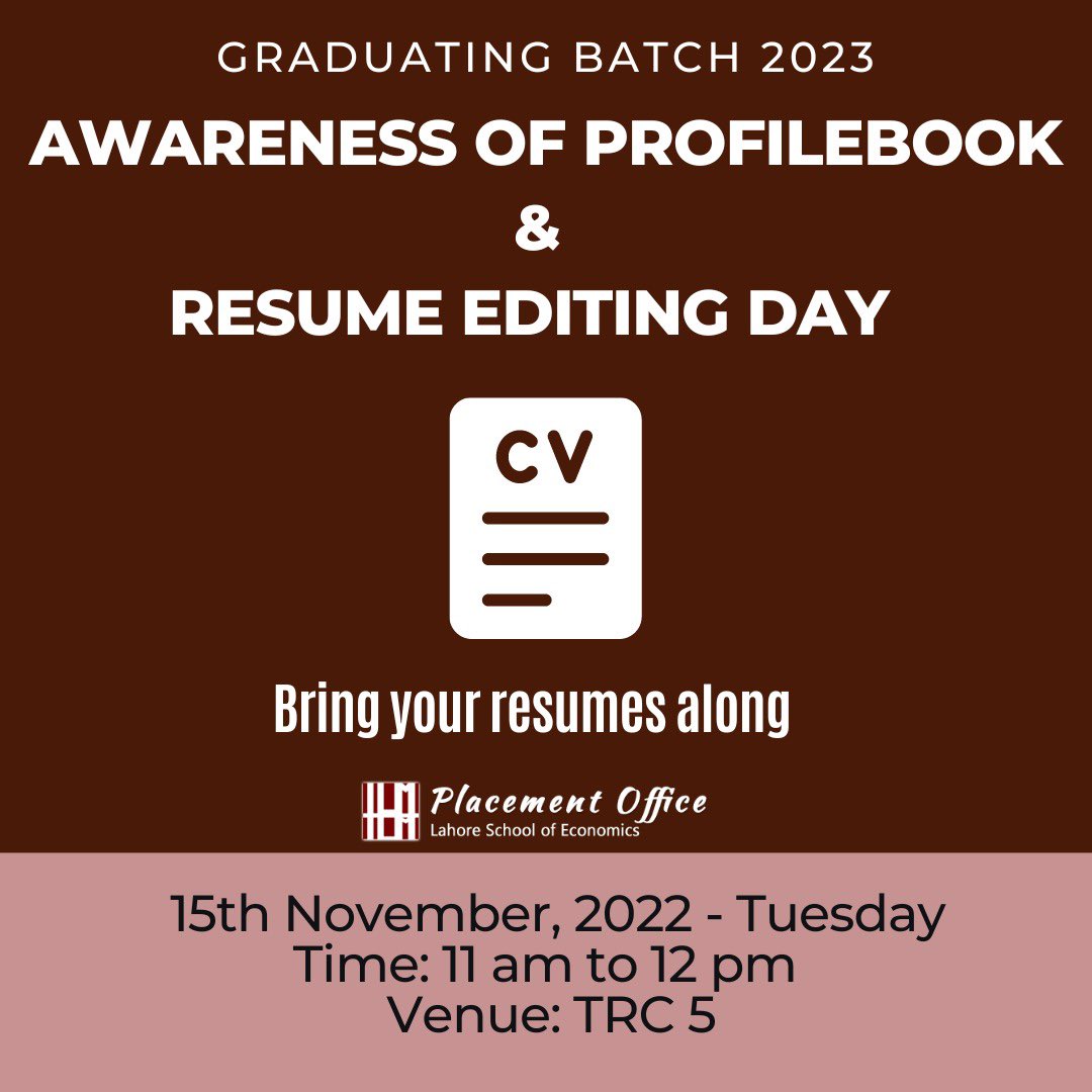 careersLSE's tweet image. The Placements Office is organising “Awareness of Profile Book and Resume Editing Day” for the graduating Bachelors and MBA students on Tuesday - 15th November, 2022 from 11:00 am to 12:00 pm at TRC 5. 

#resumeediting #profilebook #bachelors2023 #MBA2023