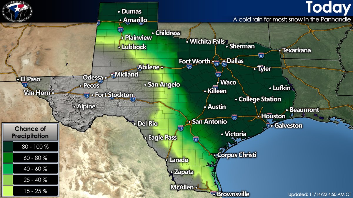 TxStormChasers's tweet photo. A trio of hazards today across Texas.

Accumulating snow, heavy rain, and a few severe storms. 

Don't drive like a bonehead, and assume all other drivers are boneheads and everything will be okay. :) 

Our daily Texas Weather Roundup video: https://t.co/3sbghjfIN0 #txwx https://t.co/LTD73DS6i2