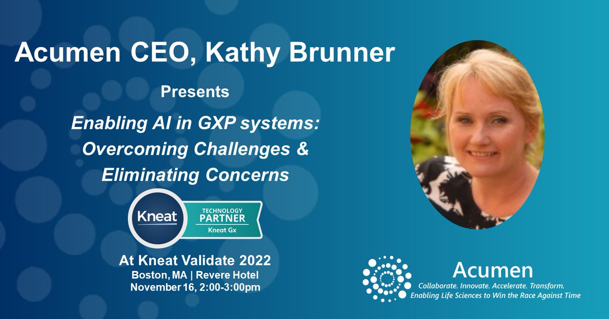 AcumenAnalytics's tweet photo. Don't miss #Acumen CEO @kbrunner1 at @KneatSoftware #Validate 2022 presenting: Enabling #AI in #GXP systems: Overcoming Challenges &amp; Eliminating Concerns. 2pm 11/16

#paperlessvalidation #DigitalTransformation #Collaborate #Innovate #Accelerate #Transform https://t.co/LmdMBkxOmr
