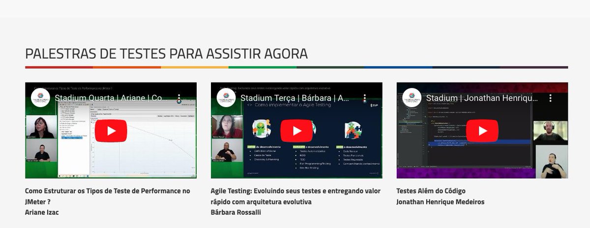 seleção de palestras pra você assstir agora da área TESTES:
thedevconf.com/area-testes

 com palestrantes incríveis: 
<a href="/arianizac/">Ariane Izac</a> 
<a href="/jhmede_/">Jonathan Henrique</a> e 
@BRossalli 

Sobre os temas:
#JMeter
#AgileTesting
#AlemDoCodigo 
#TheDevConf