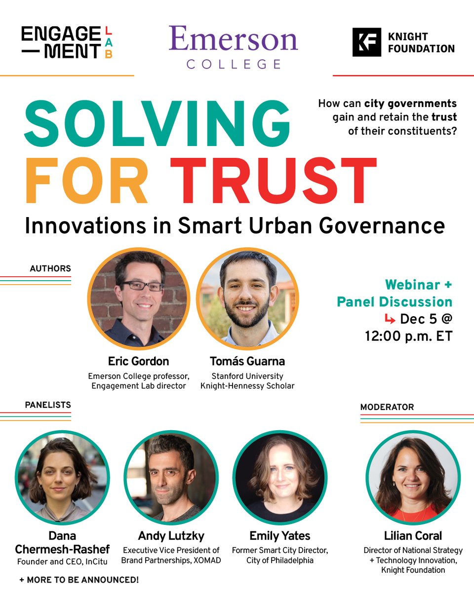 Engagement Lab (@engagelab) on Twitter photo How can city governments gain & retain the trust of their constituents?
Join us 12/5 @ 12pm ET for actionable learnings from <a href="/ericbot/">Eric Gordon</a> & <a href="/tomasgna/">Tomás G.</a>, plus a panel w/ Dana Chermesh-Rashef, <a href="/rockatalic/">Andy Lutzky</a>, @EmilyMYates, & more, moderated by <a href="/lcoral/">Lilian Coral</a> of <a href="/knightfdn/">Knight Foundation</a>
solvingfortrust.eventbrite.com How can city governments gain & retain the trust of their constituents?
Join us 12/5 @ 12pm ET for actionable learnings from <a href="/ericbot/">Eric Gordon</a> & <a href="/tomasgna/">Tomás G.</a>, plus a panel w/ Dana Chermesh-Rashef, <a href="/rockatalic/">Andy Lutzky</a>, @EmilyMYates, & more, moderated by <a href="/lcoral/">Lilian Coral</a> of <a href="/knightfdn/">Knight Foundation</a>
solvingfortrust.eventbrite.com