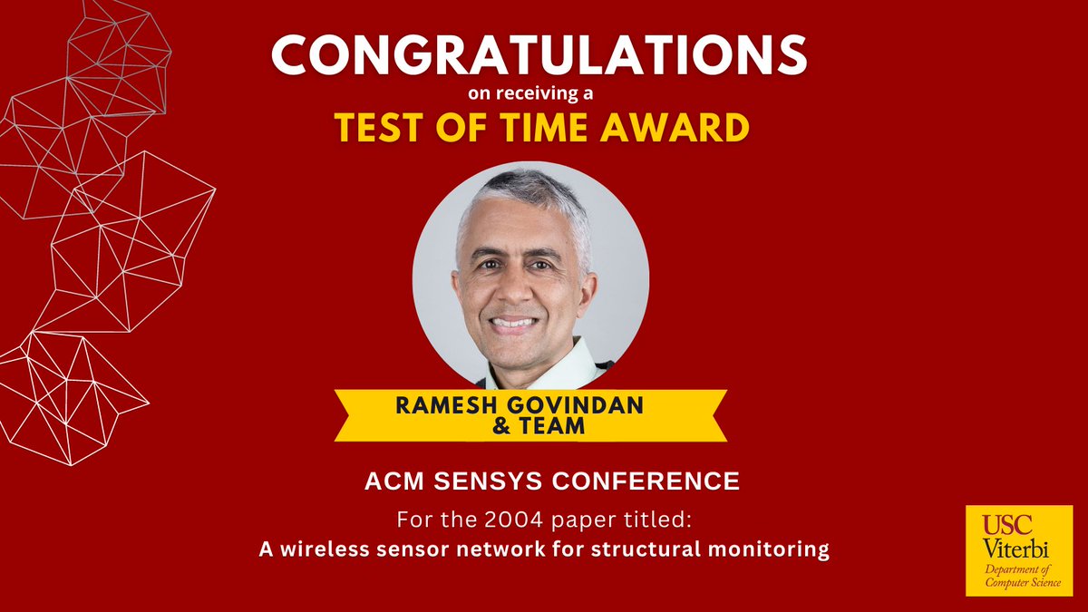 USC Thomas Lord Department of Computer Science (@csatusc) on Twitter photo Congratulations to Ramesh Govindan and co-authors for receiving a Test of Time Award for their 2004 paper <a href="/AcmSensys/">ACM SenSys</a>!
<a href="/ResearchAtUSC/">USC Research and Innovation</a> <a href="/USCViterbi/">USC Viterbi School</a> #sensors Congratulations to Ramesh Govindan and co-authors for receiving a Test of Time Award for their 2004 paper <a href="/AcmSensys/">ACM SenSys</a>!
<a href="/ResearchAtUSC/">USC Research and Innovation</a> <a href="/USCViterbi/">USC Viterbi School</a> #sensors
