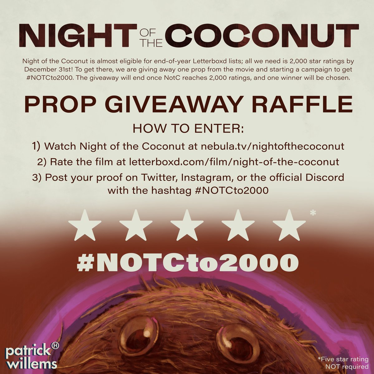 patrickhwillems's tweet photo. A Very Important Announcement:

Night of the Coconut needs to reach 2,000 ratings on @letterboxd to qualify for their Year in Review lists (it currently has 757). Please help us get there

#NOTCto2000

https://t.co/LYFfnuIvJd https://t.co/HvuPRUdx4y