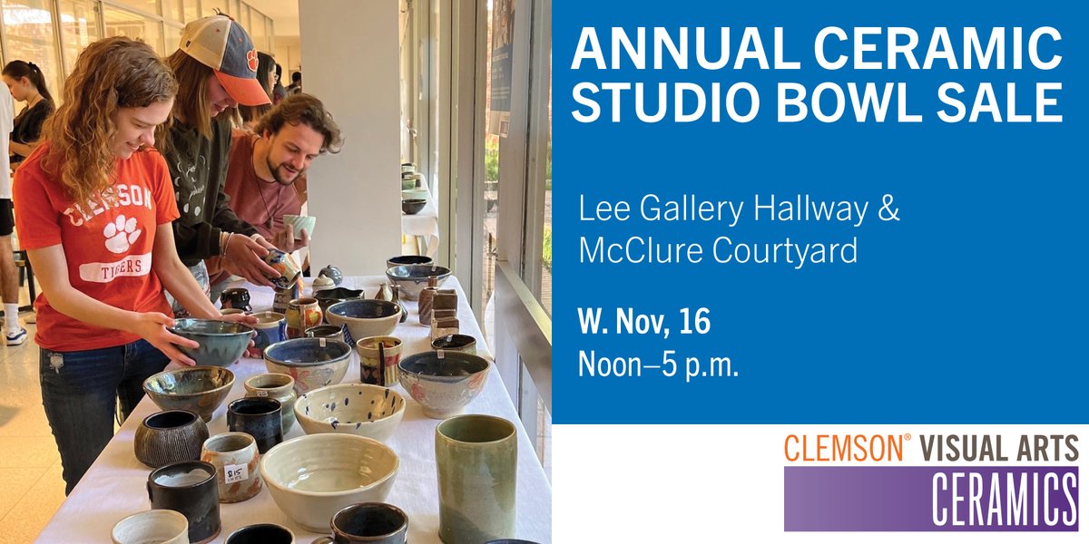 The Annual Ceramic Studio Bowl Sale is almost here!
THIS WEDNESDAY, 11/16 
Noon–5 p.m.
Lee Gallery Hallway &amp; McClure Courtyard

A large selection of functional work by students and faculty will be offered at various price points. 
#clemsonvisualarts