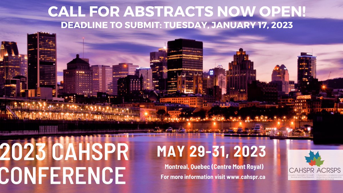 CAHSPR's tweet image. Call for Abstracts is now open!

Submission deadline: January 17th, 2023 (11:59pm EST)
Go to cahspr.ca/events/cahspr-… for abstract submission guidelines

The CAHSPR Conference takes place at Centre Mont Royal in Montreal, Quebec from May 29 to May 31, 2023.