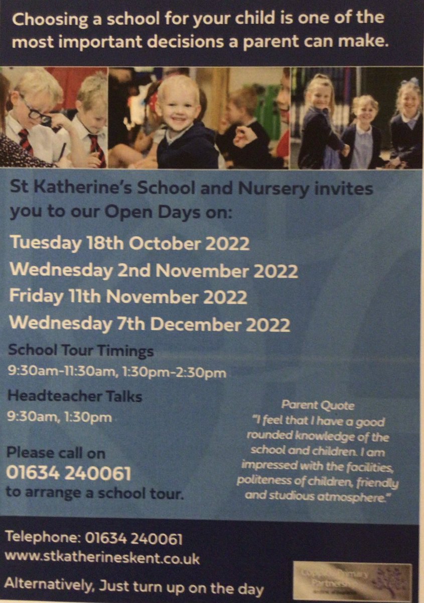 St Katherine’s Open Day - Wednesday 7th December 2022 9:30am and 1:30pm. Please call the school office to book a tour 01634 240061.