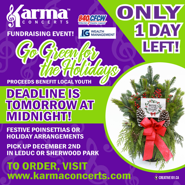 You only have until midnight tomorrow to order your holiday florals. Visit our website to place your order.  bit.ly/3f2NXCD Thank you for supporting us so we can give to our local youth.

#KarmaConcerts #KarmaLeduc #bethekarma #karmakids #christmasflorals