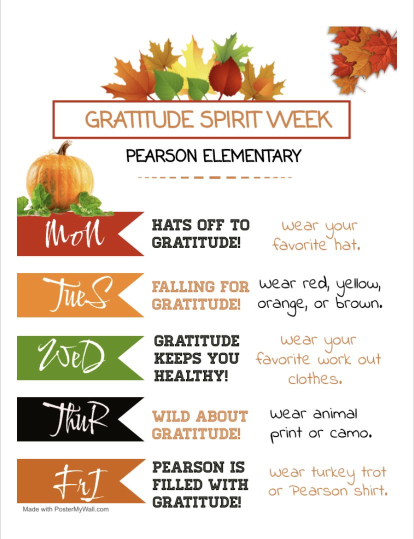 mrsbaag's tweet photo. We’re celebrating Gratitude Week with our @Pearson_Ponies before the Thanksgiving break! Join us in the spirit wear and donate canned food for our annual food drive!!! 🔴⚫️🔴⚫️🐴 #PearsonPride #SEL @gisdSEL https://t.co/ymJli0THRy