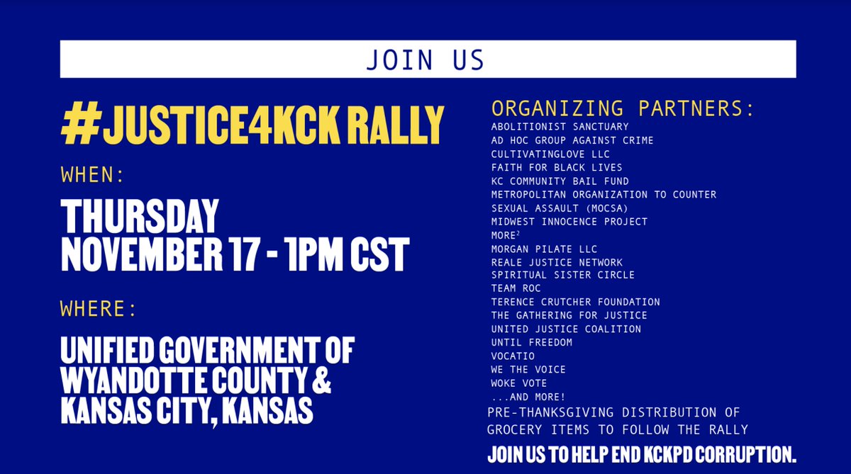 Join us at the #Justice4KCK rally at the Unified Government of Wyandotte County &amp; Kansas City, KS to hold abusers like Roger Golubski accountable and to help end corruption at the KCK Police Department.
 
🗓️ Thurs., Nov. 17
🕐 1 PM CST
📲 RSVP: KCKPDCorruption.info
 
<a href="/teamroc/">Team Roc</a>