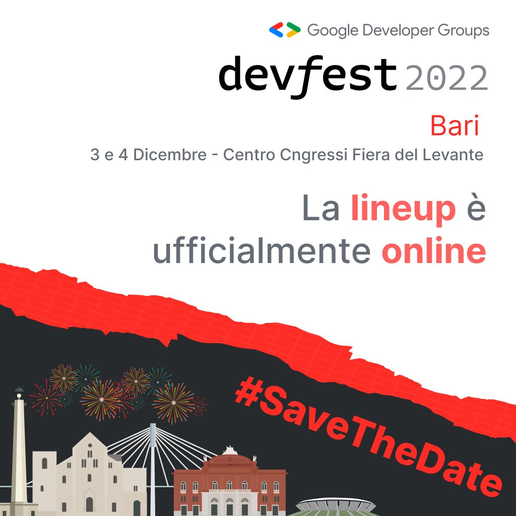 La lineup di #DevFest Bari è ufficialmente online 😍

Puoi consultarla cliccando qui devfest-bari-2022.sessionize.com

Ci vediamo alla Fiera del Levante, Bari il 3 - 4 Dicembre 2022
🎫tiny.cc/DevFestBari22

Grazie ai partner <a href="/grusp/">GrUSP</a> @wtmitalia
#Google #DevFestBari