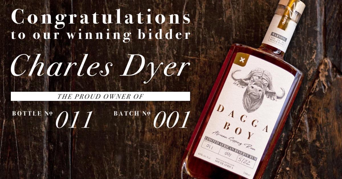 daggaboyrum's tweet photo. Winner Announcement!

A huge congratulations to Charles Dyer for his winning R10 000 bid placed on the 11th ever bottle of Dagga Boy Premium Sipping Rum. 
Charles, thank you for your winning bid and on behalf of down2the_wire for your generous donation to their worthy cause. https://t.co/pQTgZ55u8J