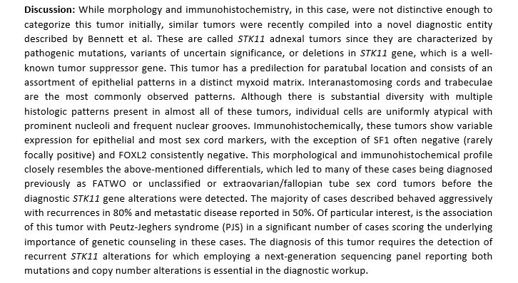 m9goel's tweet photo. Here is the IHC summary, molecular findings, discussion, and the final diagnosis: STK11 adnexal tumor. @UChicagoPath #IRAP22 @ChicagoPathSoc https://t.co/1js8DK6L0C