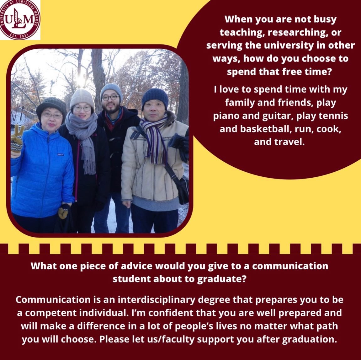 UlmComm's tweet image. Get to know Dr. Yusaku Yajima! Dr. Yajima is an extremely involved professor who works diligently to facilitate the success of all of his students! #ulmcommprogram