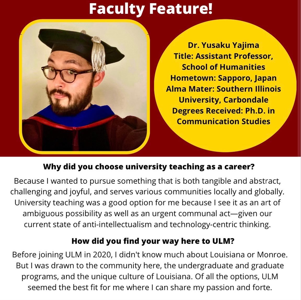 UlmComm's tweet image. Get to know Dr. Yusaku Yajima! Dr. Yajima is an extremely involved professor who works diligently to facilitate the success of all of his students! #ulmcommprogram