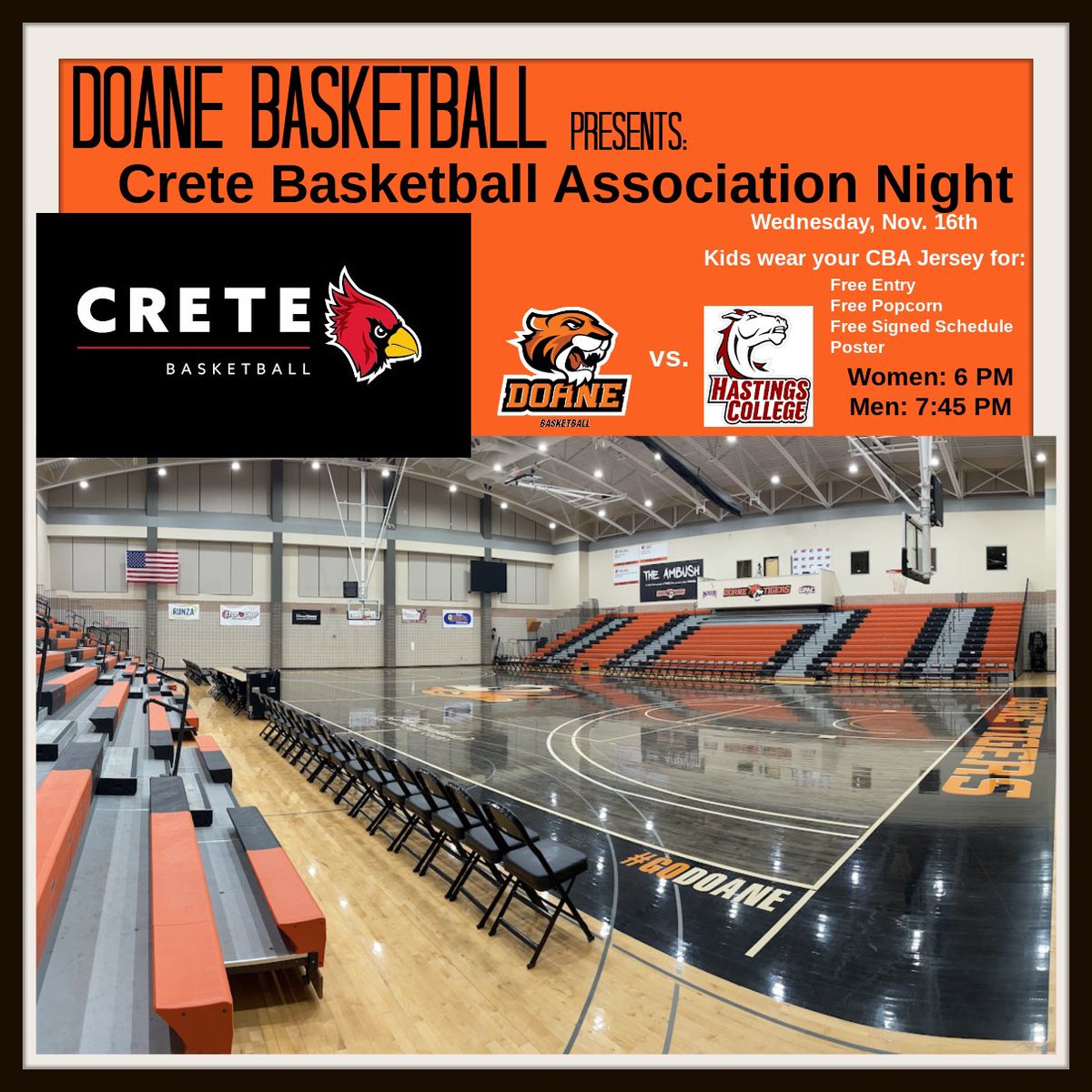 We are excited to host a Crete Basketball Association Night this Wednesday during the women’s and men’s double header against Hastings. All CBA athletes, boys and girls, please come to the games with your jersey on for free entry, popcorn, and a signed schedule poster!