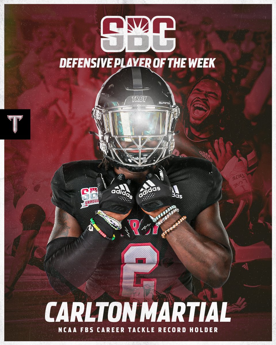 TroyTrojansFB's tweet image. 𝘽𝙀𝙎𝙏 𝙄𝙉 𝙏𝙃𝙀 𝘽𝙀𝙇𝙏

The NCAA's all-time leading tackler @Cmartial2 has been named the @SunBelt Defensive Player of the Week for the third time this season.

#RiseToBuild | #OneTROY ⚔️🏈