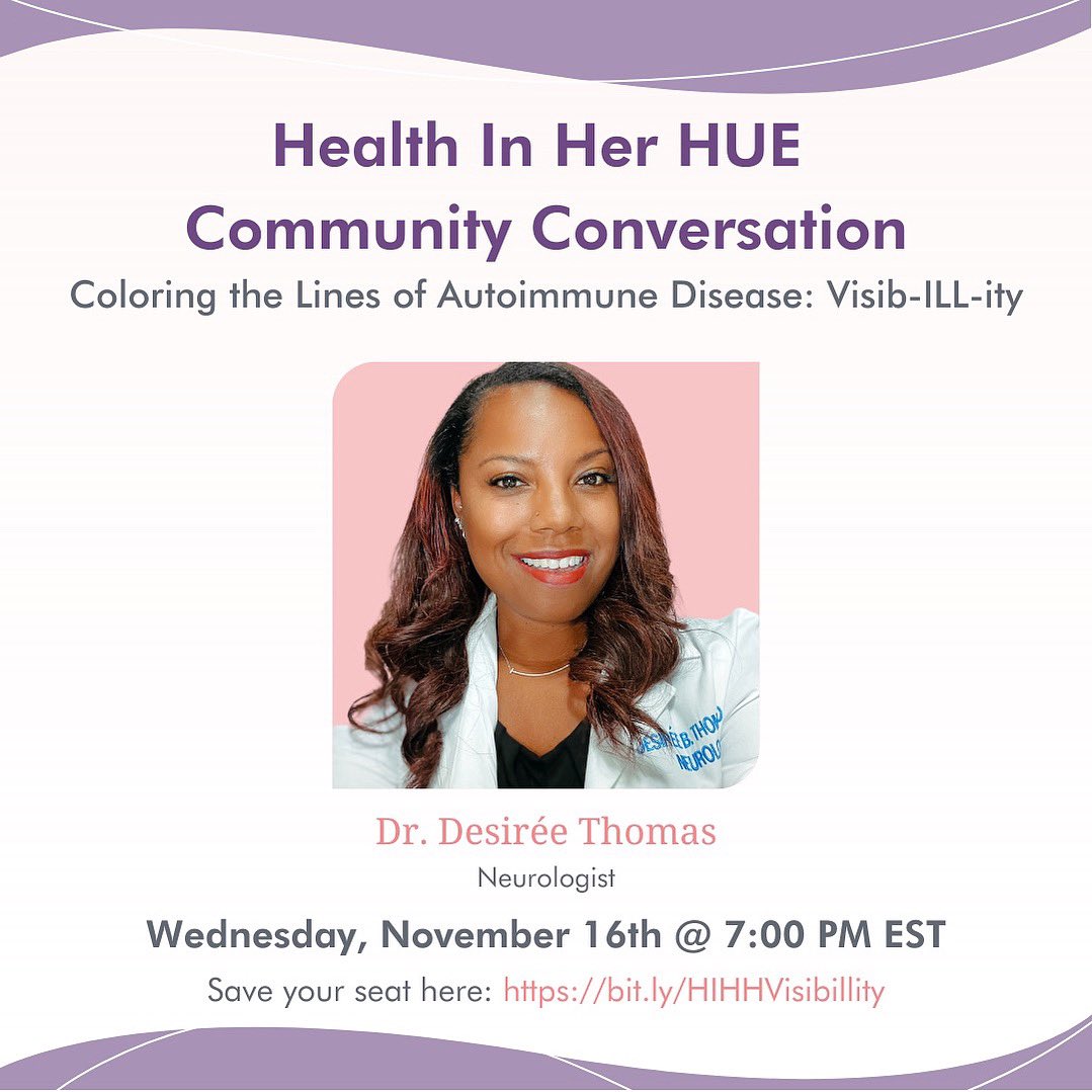 HealthInHerHue's tweet image. THIS WEDNESDAY! 

Find out what you NEED TO KNOW about autoimmune diseases in Black women in this HIHH Community Conversation! 

Save your seat here!👇🏾 crowdcast.io/e/hihhvisibill…

#AutoimmuneDisease #BlackWomenHealth