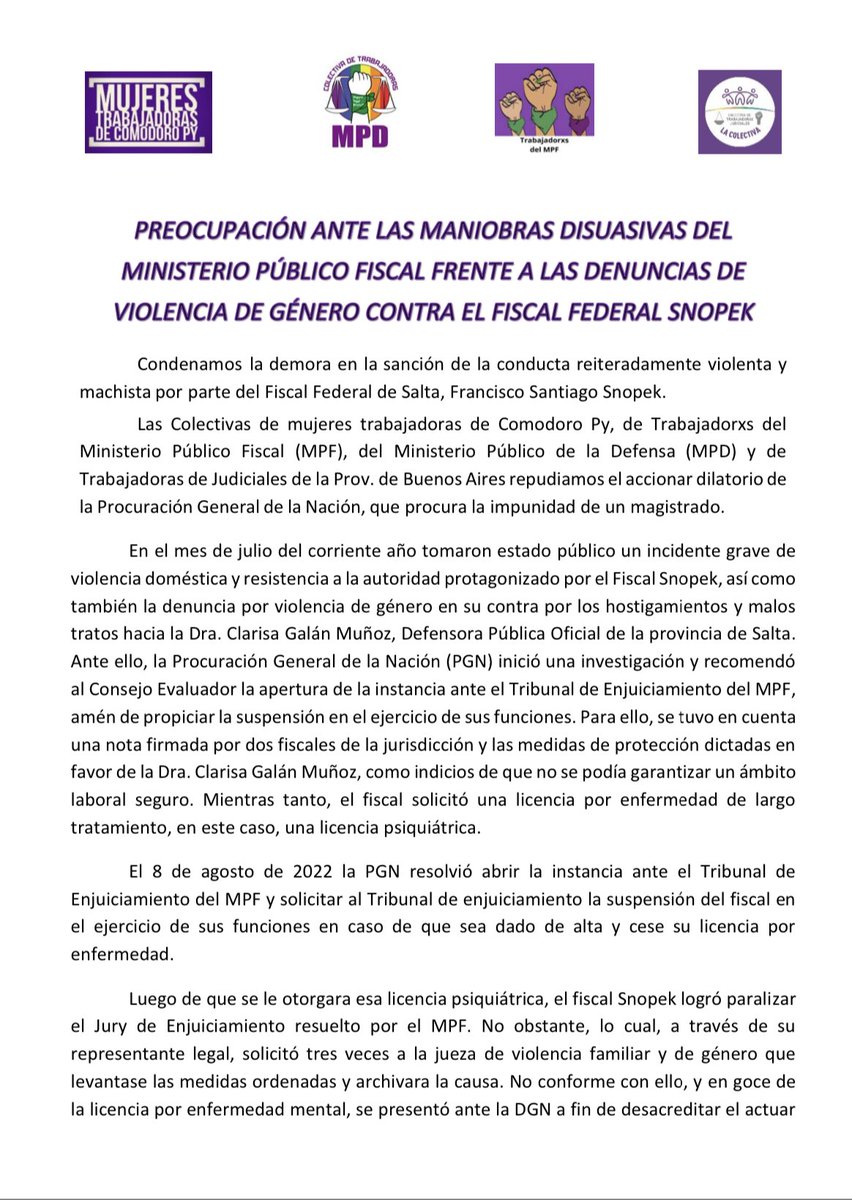 DeColectiva's tweet photo. Les compartimos el comunicado brindando nuestro acompañamiento a la Defensora Pública Oficial Ana Clarisa Galán Muñoz salteña que alzó la voz para denunciar el acoso laboral y la sistemática violencia de género que sufre por parte del Fiscal Federal Snopek. https://t.co/RBntsxAVpd