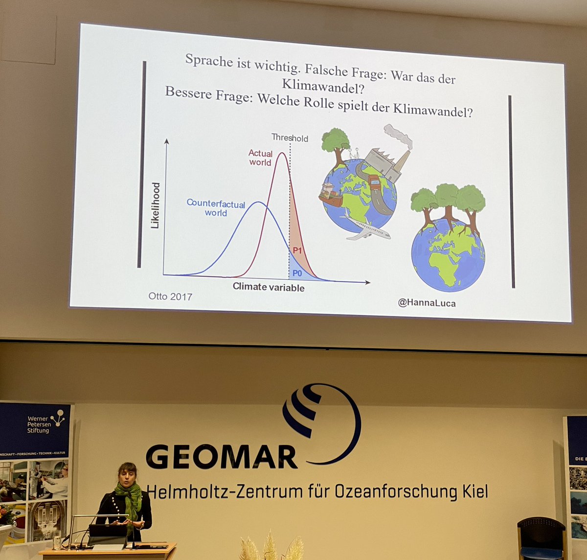 mvisbeck's tweet photo. @FrediOtto explains briefly her climate attribution science. ‚Climate change is now‘ is her bottom line. And how much climate change is a factor in any extreme event is called attribution and the focus of her research. #WorldWeatherAttribution @wcrp @Grantham_IC @GEOMAR_en https://t.co/RSKBcw1lJr