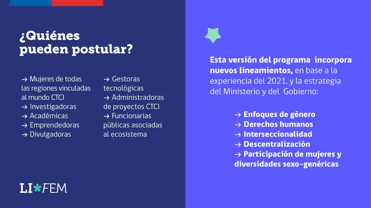 Lanzamos el curso de liderazgo para mujeres en ciencias con enfoque feminista y colaborativo 🙌

Una iniciativa del Plan #ChileParaTodas para mujeres que tienen experiencia liderando equipos en el ámbito de las CTCI.

Postula hasta el 21 de noviembre en minciencia.gob.cl 📲