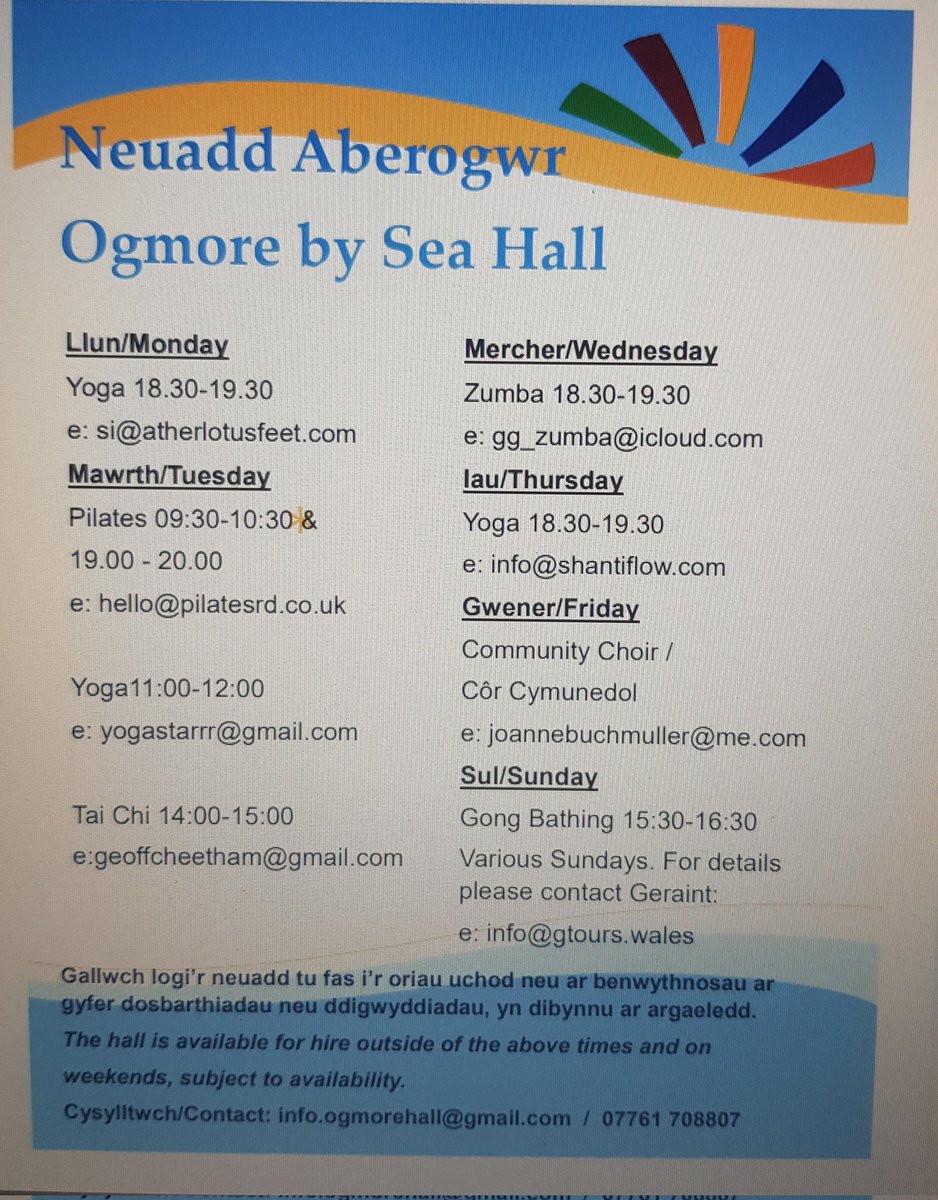 Evening villagers! Here is our updated timetable for regular classes that are on at the hall. If you need more information or wish to book a class please email the instructor directly or the Hall Manager if you wish to book the hall out for a private event.