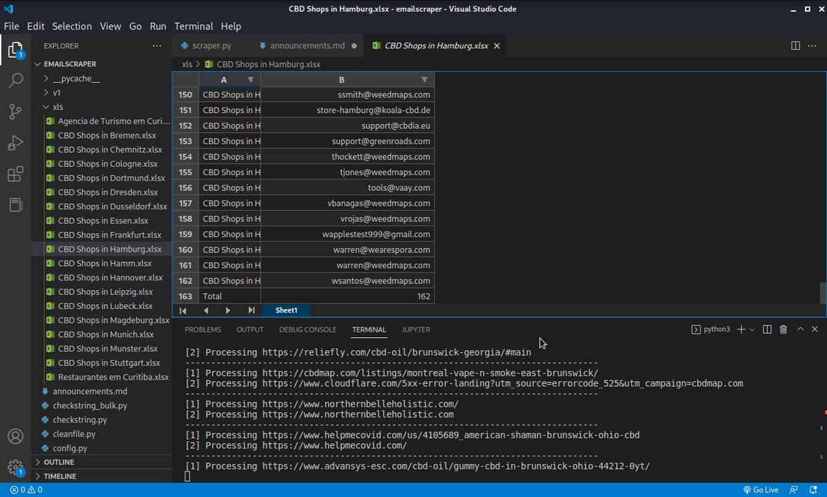 wellyington's tweet image. Almost done with email scrapping of CBD Shops in Germany. My Scrapping software is working full power and bugless. #Python #WebScrapping #DataScrape #VSCode