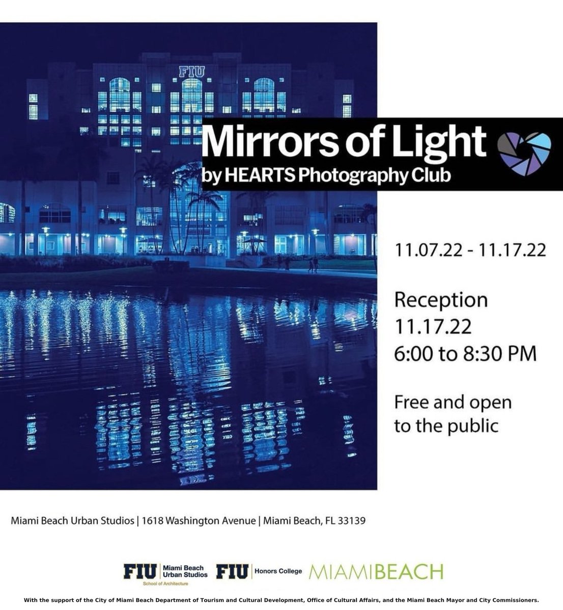 FIU_MBUS's tweet photo. Mirrors of Light exhibition by FIU Honors College’s HEARTS Photography Club highlights the beauty of water’s reflective properties through photography of stunning scenarios, subjects, and surroundings.
#FIUSOA #FIUCarta #FIUMiamiBeach #FIUMBUS #FIU #photography #culturecrawl https://t.co/wiPFK1NpxA