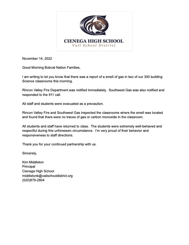 Please refer to the letter below from Principal Middleton about an incident that occured on campus this morning.