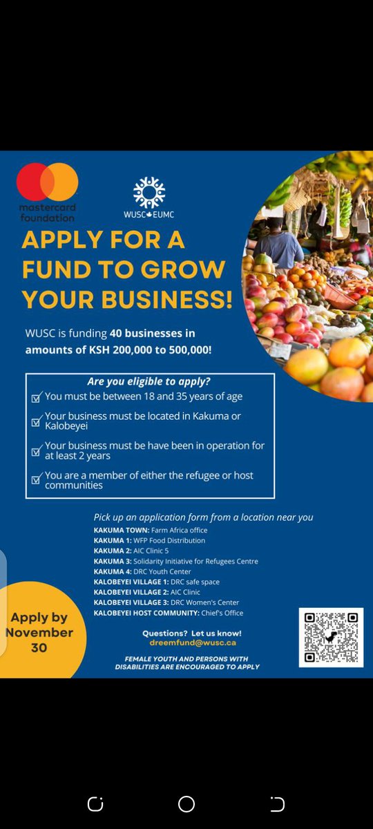 nawezaaican's tweet photo. Calling upon all business owners based in Kakuma or Kalobeyei. WUSC wants to fund over 40 business in Kakuma and Kalobeyi. Those eligible and meet the  criteria you are all advised to apply by November 30 th.
#kakuma #kalobeyi #nawezaamedia https://t.co/VUKKLLU04O