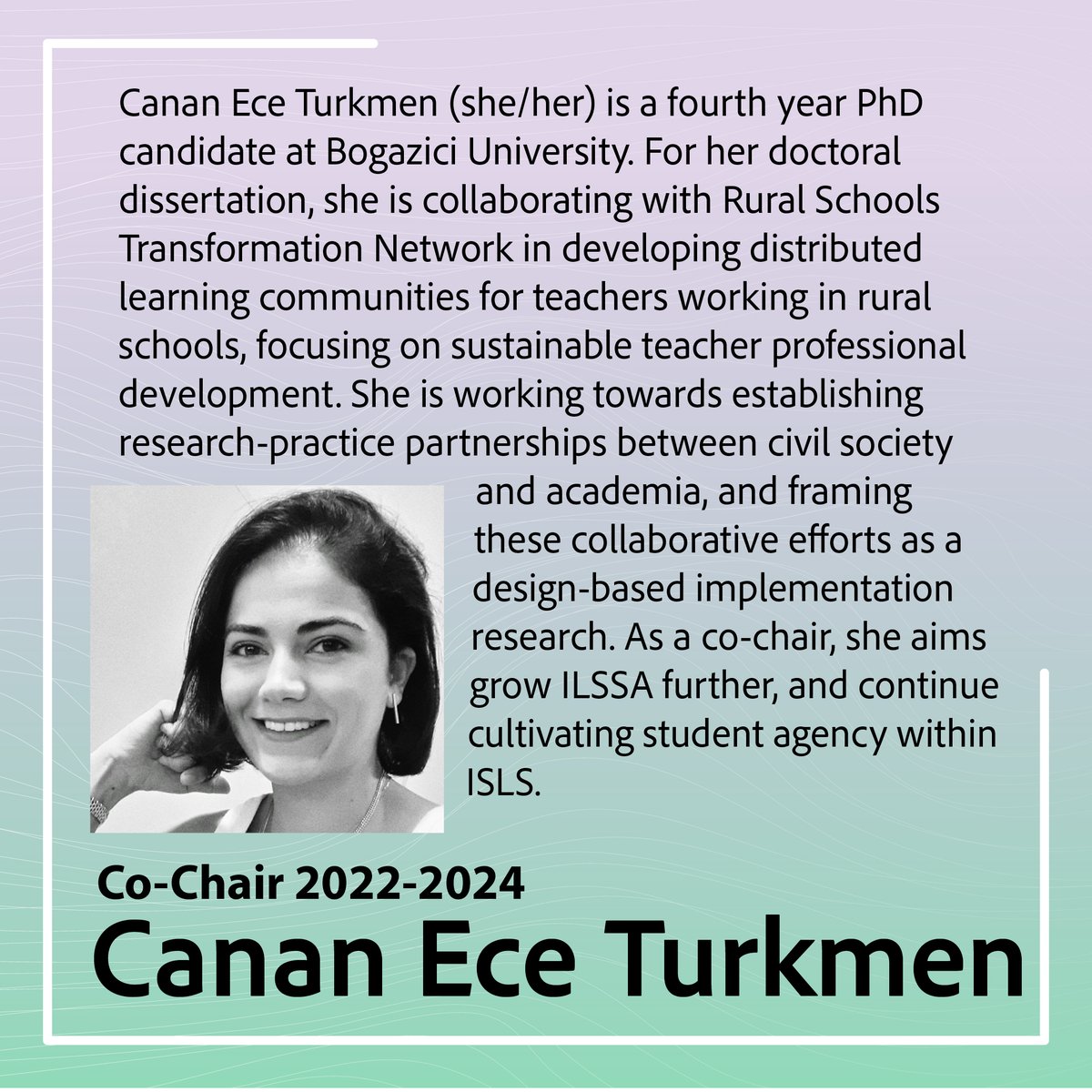ISLS_ILSSA's tweet photo. #GetToKnowILSSABetter
Meet Canan, ILSSA Co-Chair for 2022-2024
Get connected with Canan at @cananeceturkmen
#ISLS @islsnews #ILSSA #LearningScientists https://t.co/r5PgnxsMV8