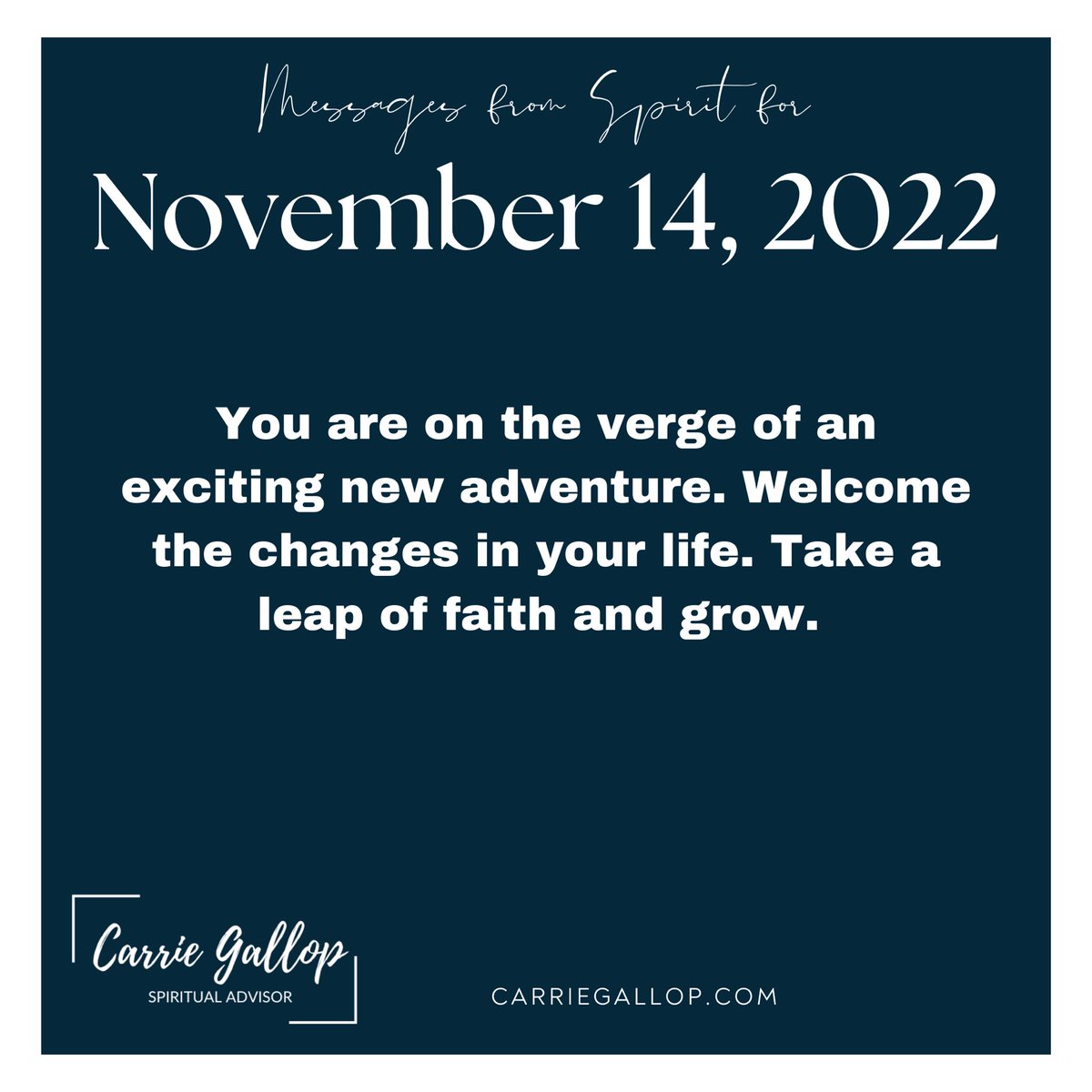 Messages From Spirit for November 14, 2022 ✨

#Daily #Guidance #Message #MessagesFromSpirit #November14 #Nov14 #Exciting #New #Adventure #Welcome #Change #TakeALeapOfFaith #Faith #Grow