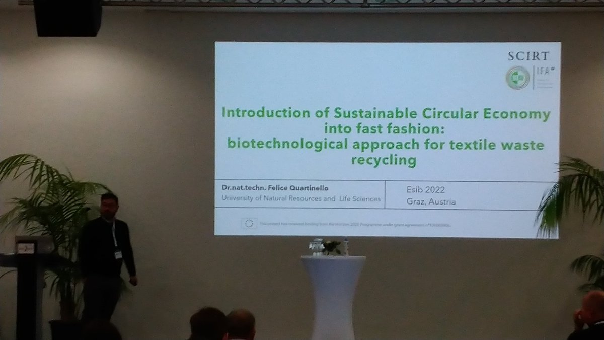 RenateWe's tweet photo. Dr Felice Quartinello now speaking on textile Recycling! #SCIRTPROJECT @BOKUvienna @SUSFERT_BBI @acibGmbH #IFPB https://t.co/udDYXJjT9R
