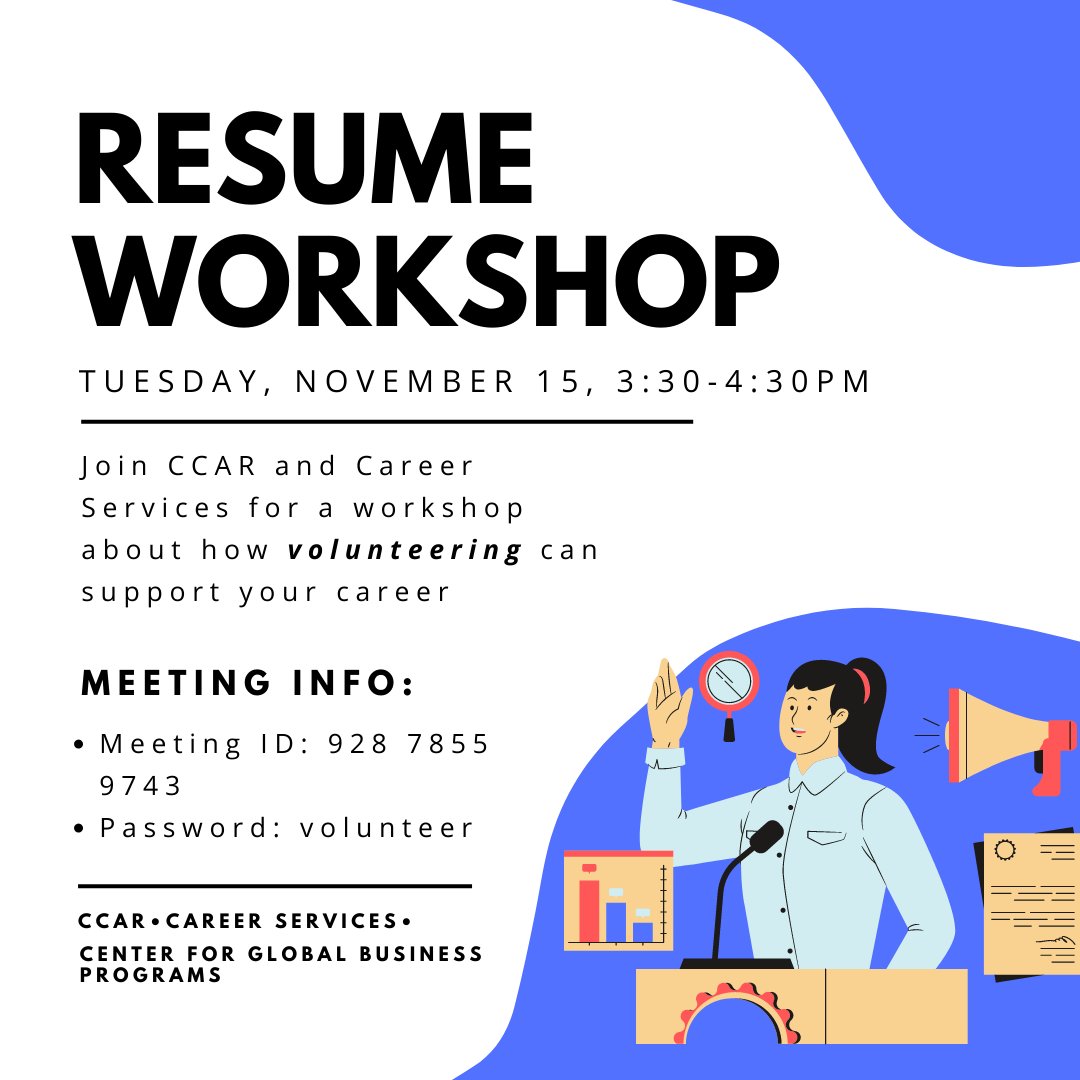 Taking a civic engagement course this semester?  Wondering how you can use your volunteering experience to strengthen your resume?  

Join our workshop tomorrow with Career Services!
