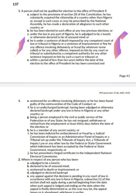 AbdulMahmud01's tweet photo. #LastCOMMENT
Look at Section 137(1)(d) of the Constitution 1999 on DISQUALIFICATION.
To secure an Order of DISQUALIFICATION, it must be shown that FINE for any offence involving dishonesty also constitutes the Civil forfeiture order on BAT over proceeds from drug https://t.co/m9MuLyugFI